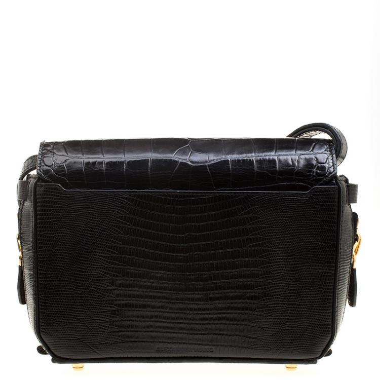 Pre Owned Alexander Wang Black Croc and Lizard Embossed Leather Tri Fold Shoulder Bag