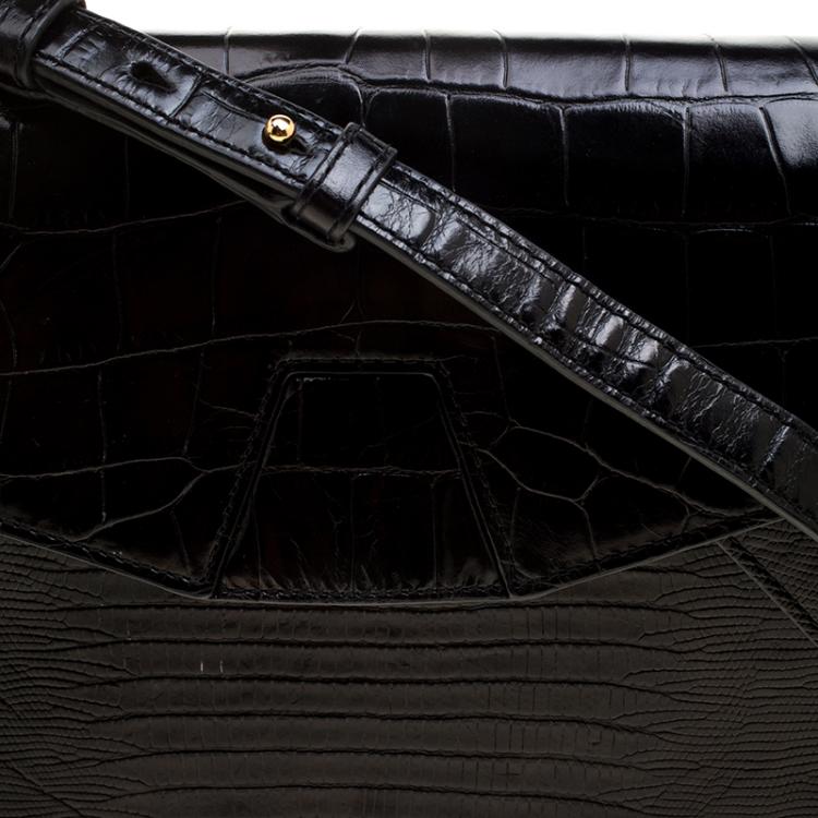 Pre Owned Alexander Wang Black Croc and Lizard Embossed Leather Tri Fold Shoulder Bag