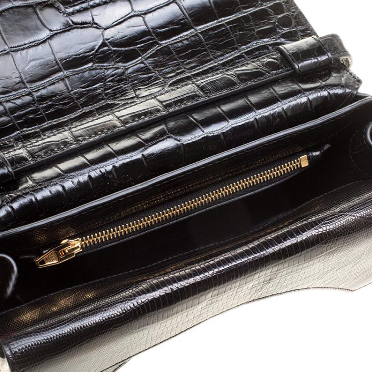 Pre Owned Alexander Wang Black Croc and Lizard Embossed Leather Tri Fold Shoulder Bag