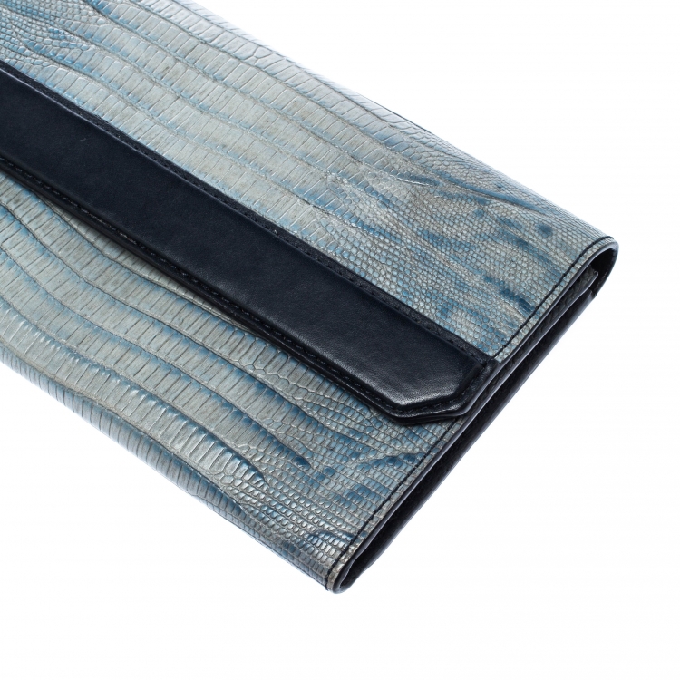 Pre Owned Alexander Wang Grey/Blue Lizard Embossed Leather Wallet