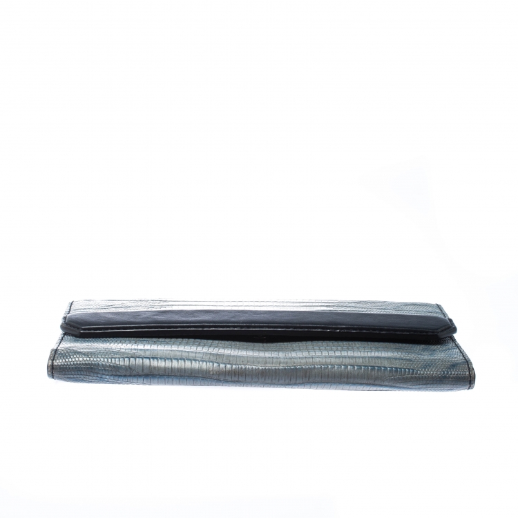 Pre Owned Alexander Wang Grey/Blue Lizard Embossed Leather Wallet