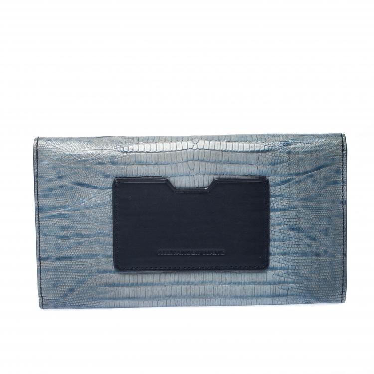 Pre Owned Alexander Wang Grey/Blue Lizard Embossed Leather Wallet