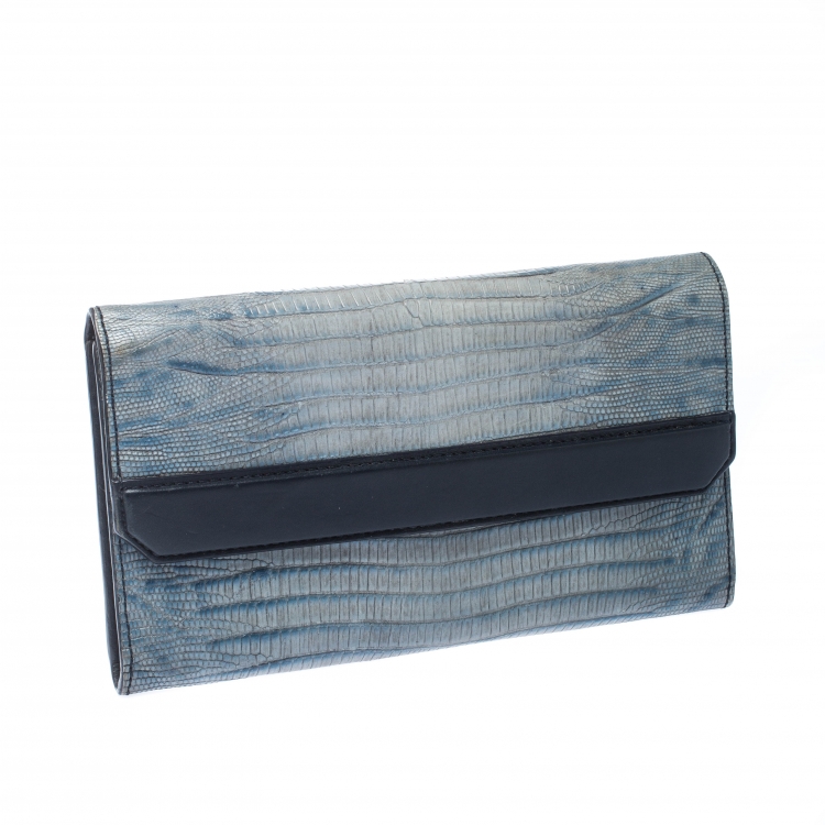 Pre Owned Alexander Wang Grey/Blue Lizard Embossed Leather Wallet