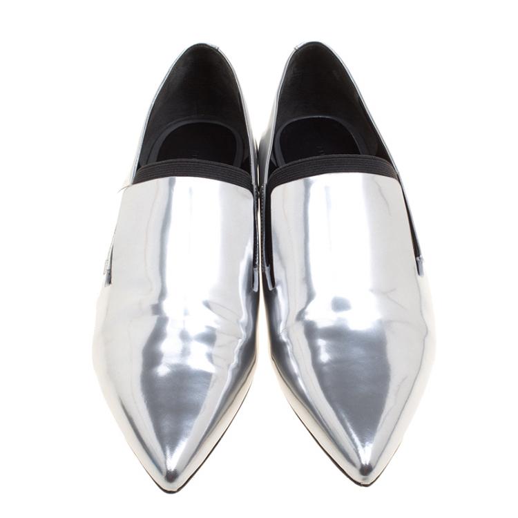 Pre Owned Alexander Wang Metallic Silver Mirrored Leather Jamie Pointed Toe Loafers Size 37.5