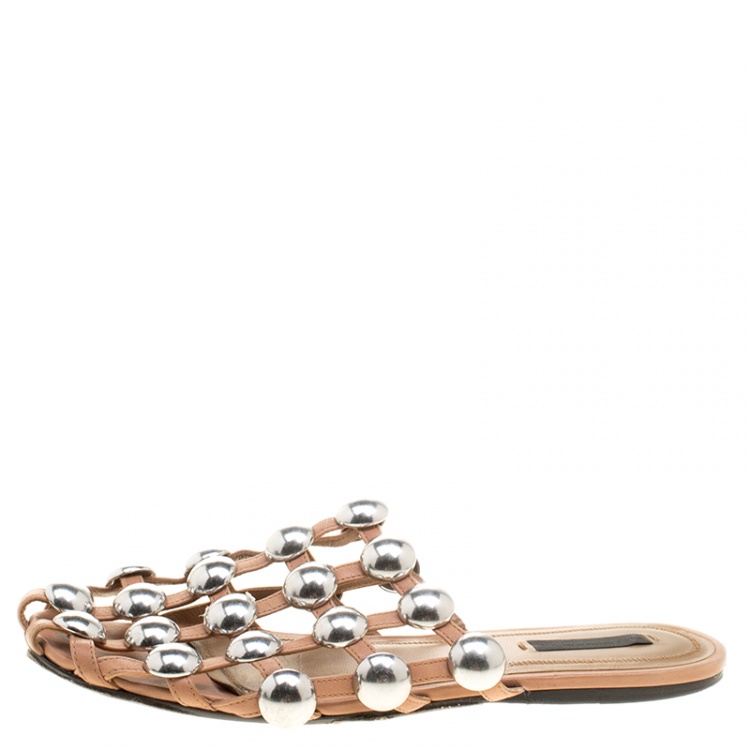 Pre Owned Alexander Wang Beige Leather Amelia Studded Flat Slides Size 38