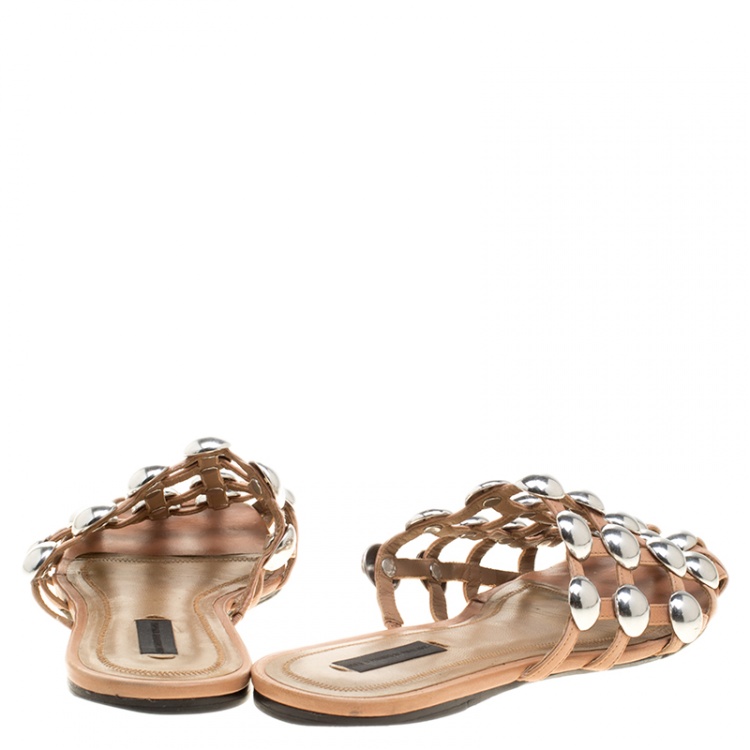 Pre Owned Alexander Wang Beige Leather Amelia Studded Flat Slides Size 38