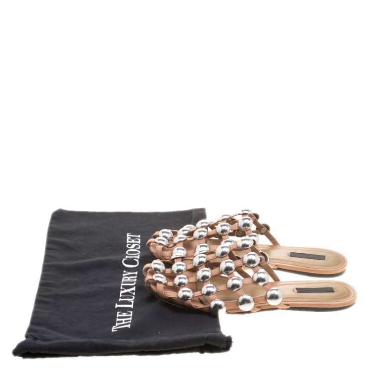 Pre Owned Alexander Wang Beige Leather Amelia Studded Flat Slides Size 38