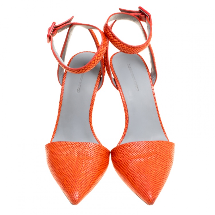 Pre Owned Alexander Wang Orange Snake Embossed Leather Lovisa Pointed Toe Ankle Strap Sandals Size 37