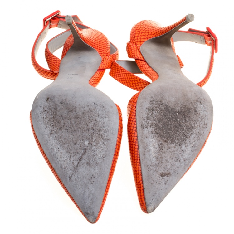 Pre Owned Alexander Wang Orange Snake Embossed Leather Lovisa Pointed Toe Ankle Strap Sandals Size 37