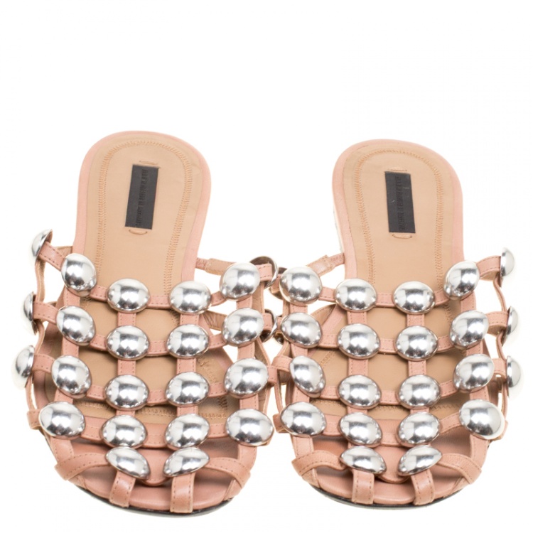 Pre Owned Alexander Wang Brown Leather Amelia Studded Flat Slides Size 37.5