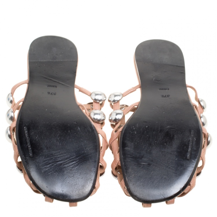 Pre Owned Alexander Wang Brown Leather Amelia Studded Flat Slides Size 37.5
