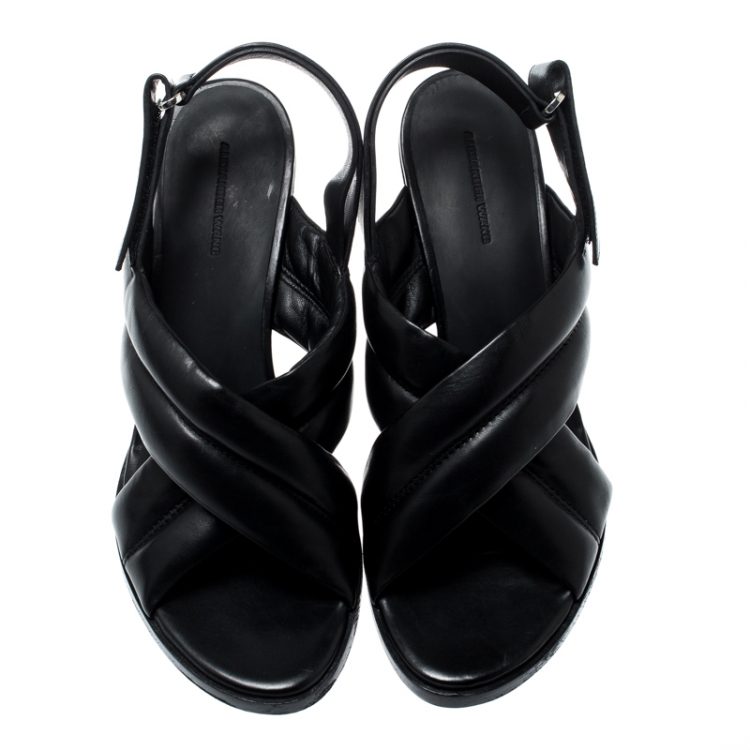 Pre Owned Alexander Wang Black Leather Cross Strap Block Heel Sandals Size 41
