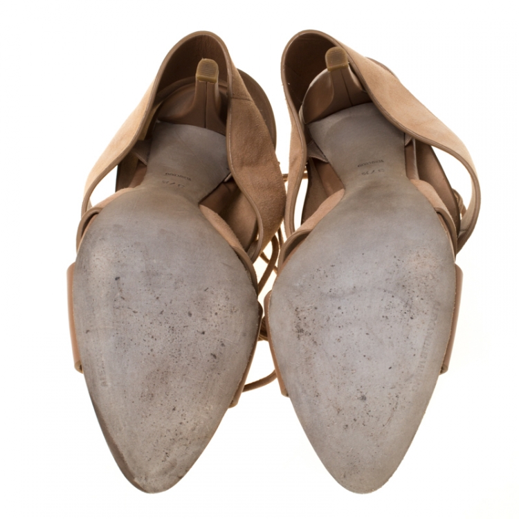 Pre Owned Alexander Wang Dark Beige Cut Out Leather and Suede Peep Toe Ankle Wrap Sandals Size 37.5