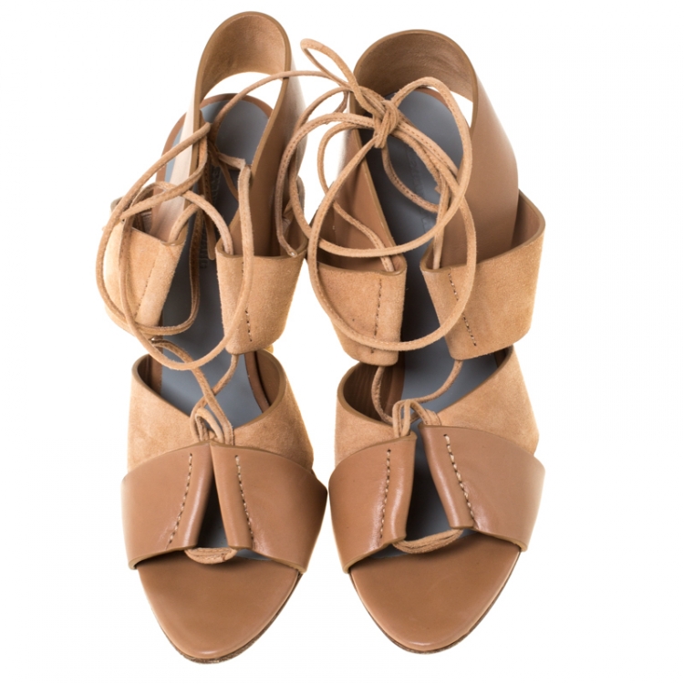 Pre Owned Alexander Wang Dark Beige Cut Out Leather and Suede Peep Toe Ankle Wrap Sandals Size 37.5