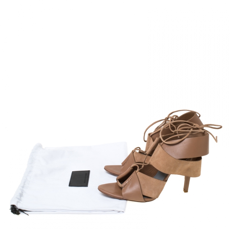 Pre Owned Alexander Wang Dark Beige Cut Out Leather and Suede Peep Toe Ankle Wrap Sandals Size 37.5