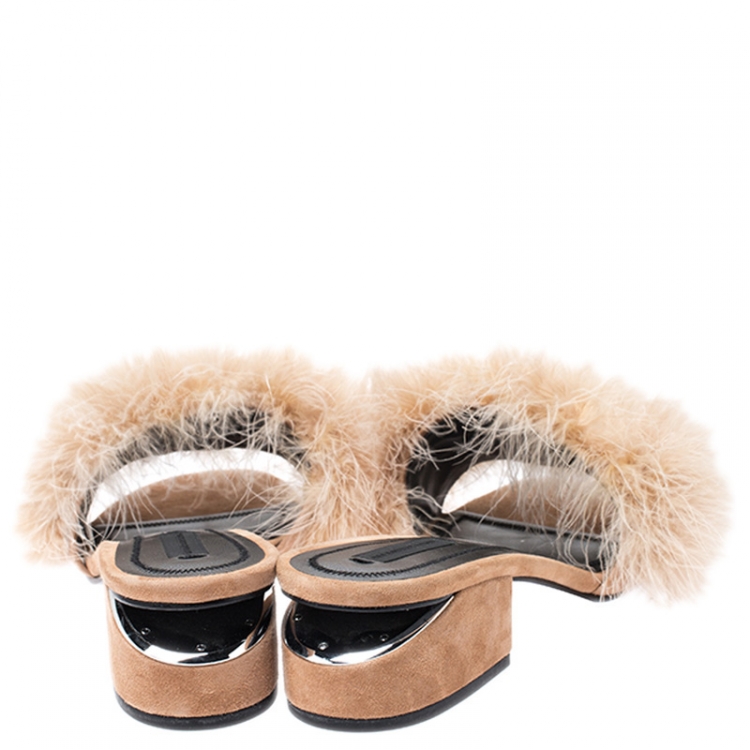 Pre Owned Alexander Wang Beige Suede Feather Embellished Lou Slides Size 39