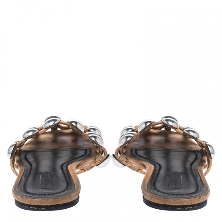 Pre Owned Alexander Wang Beige Suede Amelia Studded Flat Slides Size 38