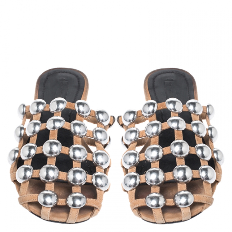 Pre Owned Alexander Wang Beige Suede Amelia Studded Flat Slides Size 38