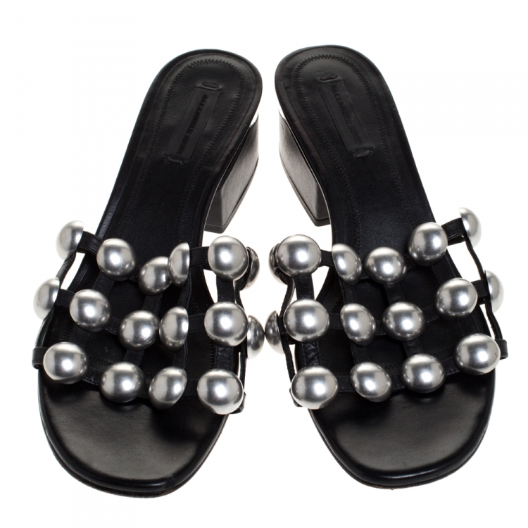 Pre Owned Alexander Wang Black Leather Lou Tilt Studded Open Toe Sandals Size 37.5