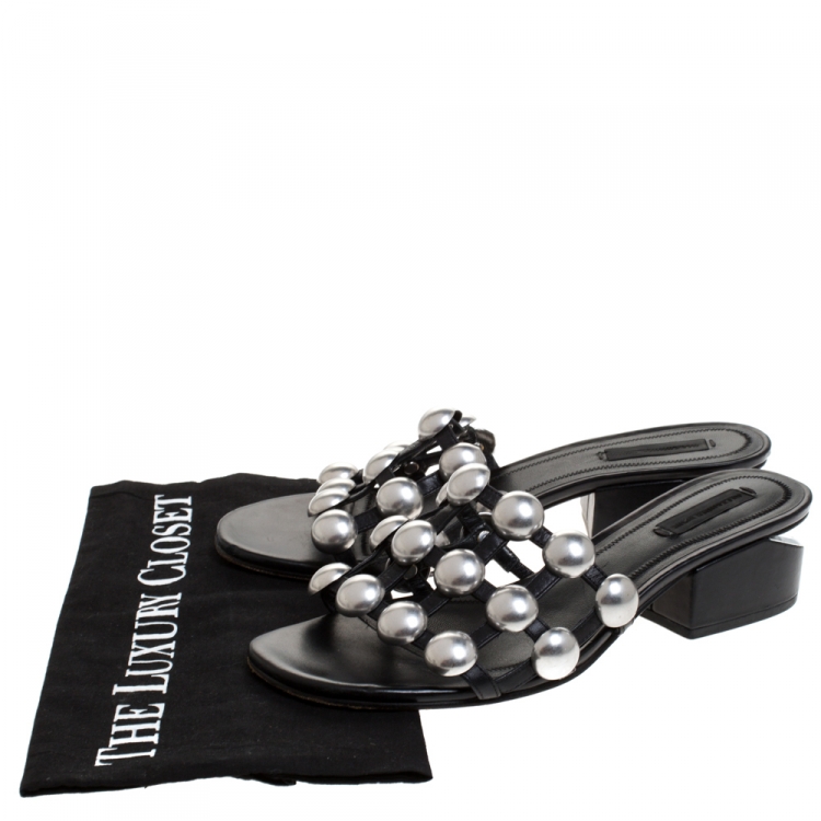 Pre Owned Alexander Wang Black Leather Lou Tilt Studded Open Toe Sandals Size 37.5