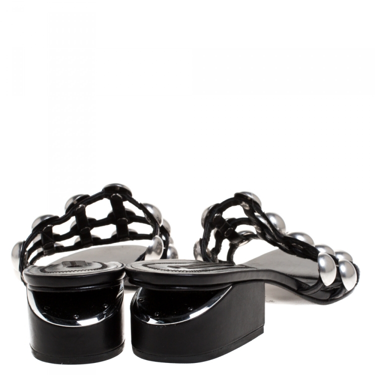 Pre Owned Alexander Wang Black Leather Lou Tilt Studded Open Toe Sandals Size 37.5