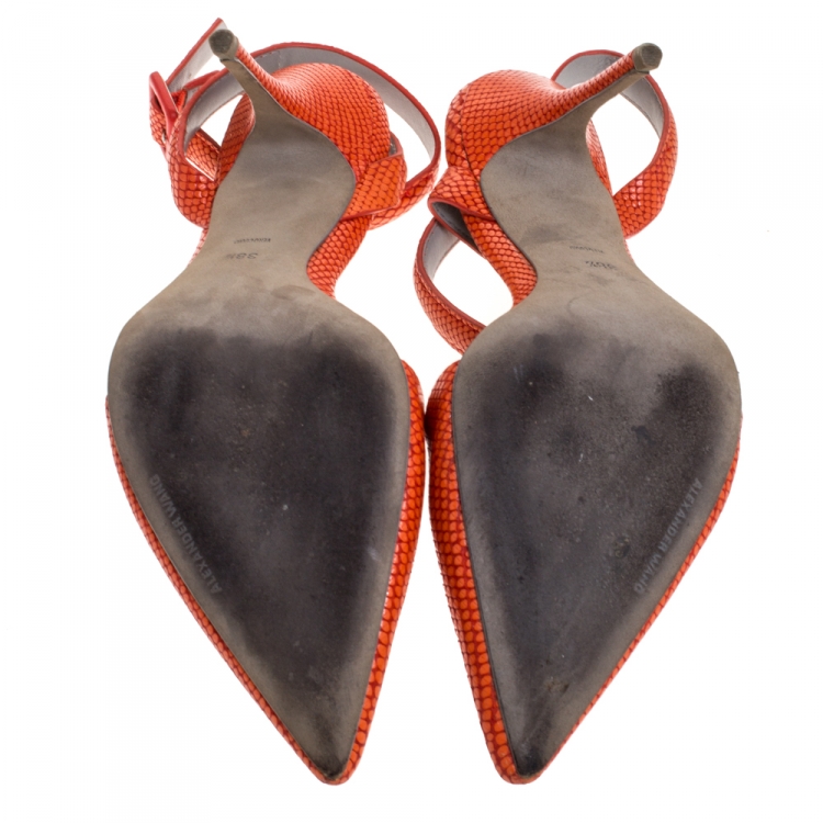 Pre Owned Alexander Wang Orange Embossed Leather Ankle Strap Emma Sandals 38.5