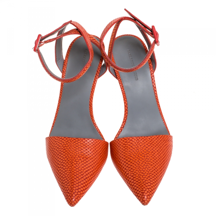 Pre Owned Alexander Wang Orange Embossed Leather Ankle Strap Emma Sandals 38.5