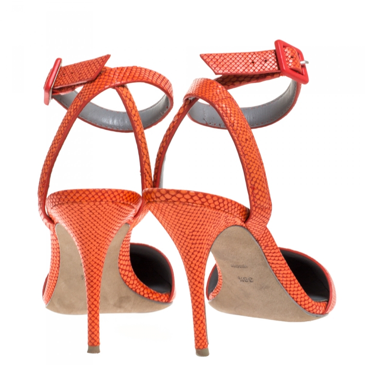 Pre Owned Alexander Wang Orange Embossed Leather Ankle Strap Emma Sandals 38.5