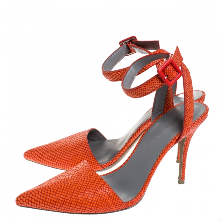 Pre Owned Alexander Wang Orange Embossed Leather Ankle Strap Emma Sandals 38.5