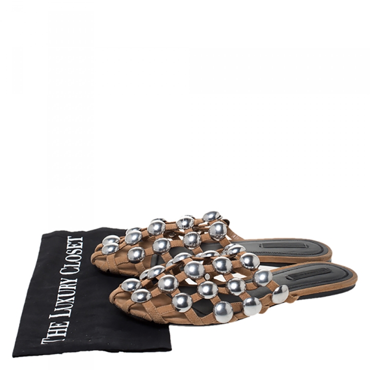 Pre Owned Alexander Wang Brown Suede Amelia Studded Flat Slides Size 38