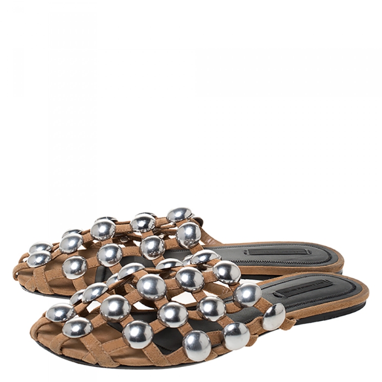 Pre Owned Alexander Wang Brown Suede Amelia Studded Flat Slides Size 38
