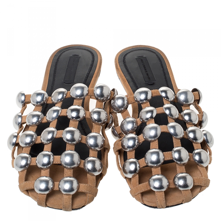 Pre Owned Alexander Wang Brown Suede Amelia Studded Flat Slides Size 38