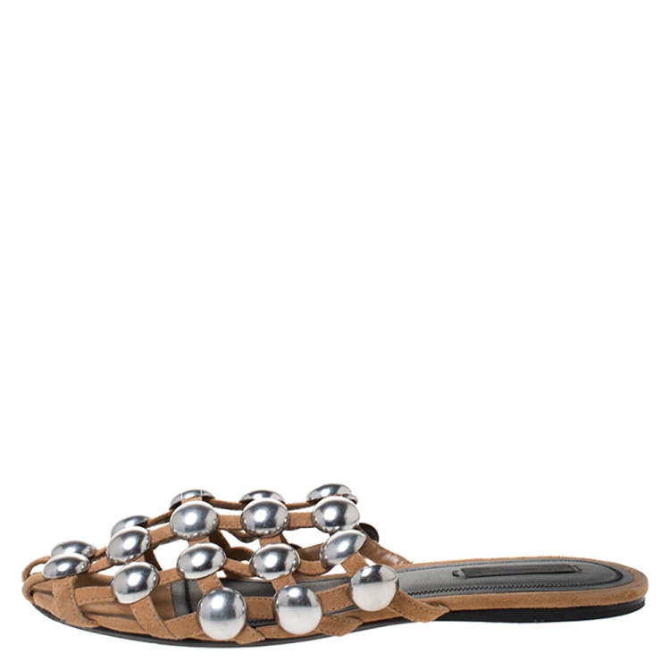 Pre Owned Alexander Wang Brown Suede Amelia Studded Flat Slides Size 38