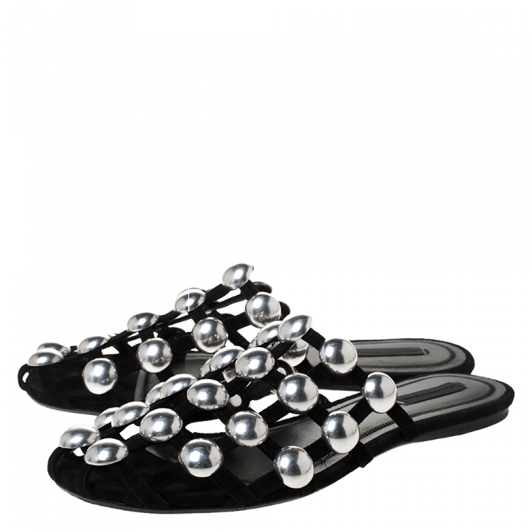 Pre Owned Alexander Wang Black Suede Amelia Studded Flat Slides Size 39