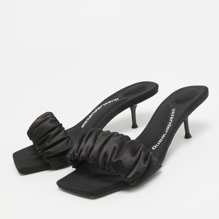 Pre Owned Alexander Wang Black Pleated Satin Slide Sandals Size 37