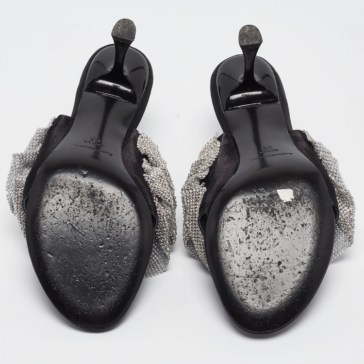 Pre Owned Alexander Wang Silver/Black Crystal Embellishments Satin Open Toe Slide Sandals Size 39