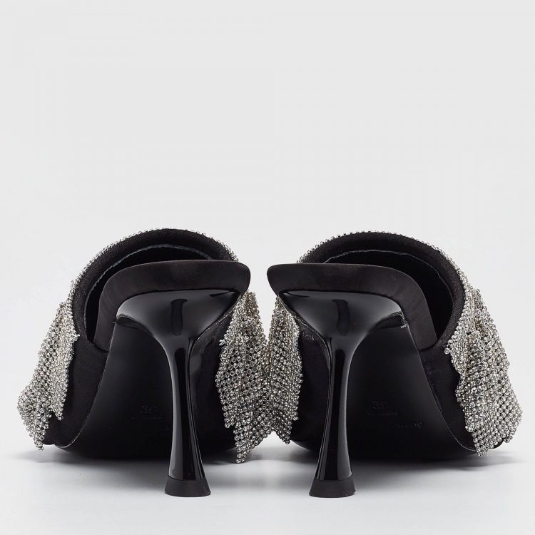 Pre Owned Alexander Wang Silver/Black Crystal Embellishments Satin Open Toe Slide Sandals Size 39
