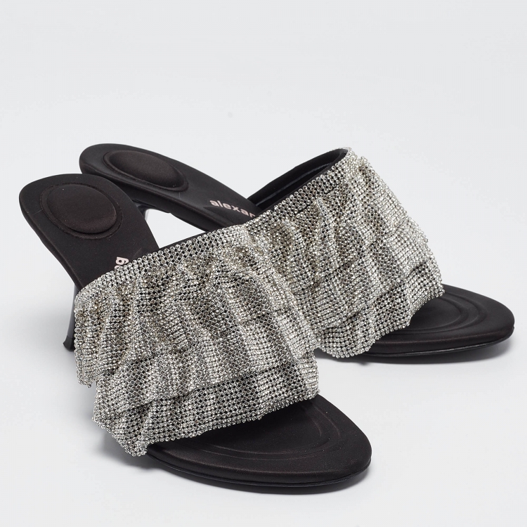 Pre Owned Alexander Wang Silver/Black Crystal Embellishments Satin Open Toe Slide Sandals Size 39