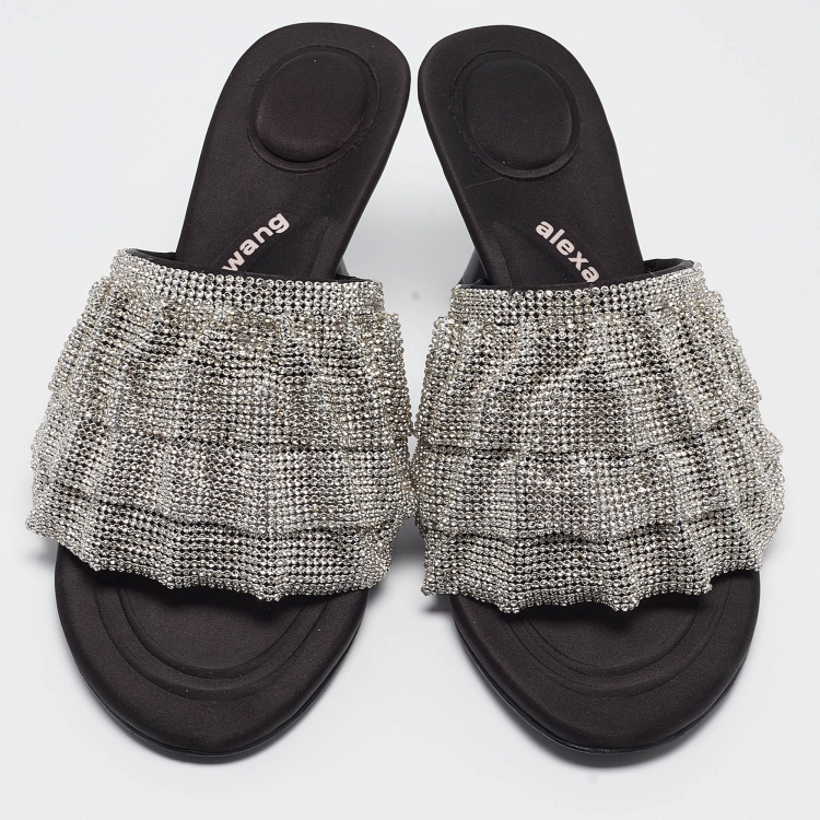 Pre Owned Alexander Wang Silver/Black Crystal Embellishments Satin Open Toe Slide Sandals Size 39
