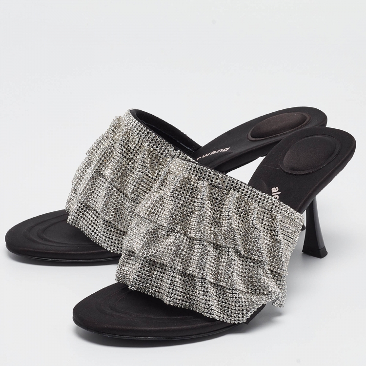 Pre Owned Alexander Wang Silver/Black Crystal Embellishments Satin Open Toe Slide Sandals Size 39