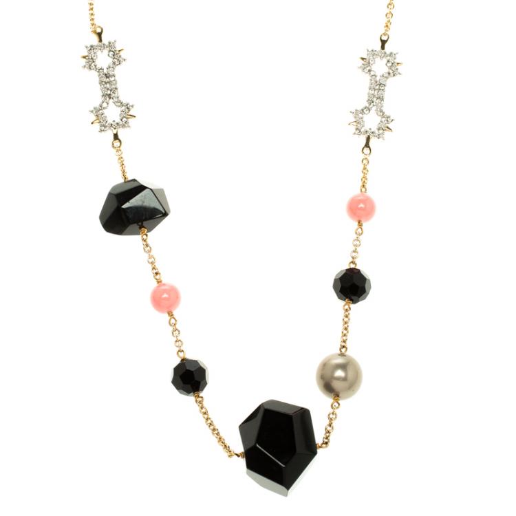 Pre Owned Alexis Bittar Bead & Crystal Gold Tone Long Station Necklace 