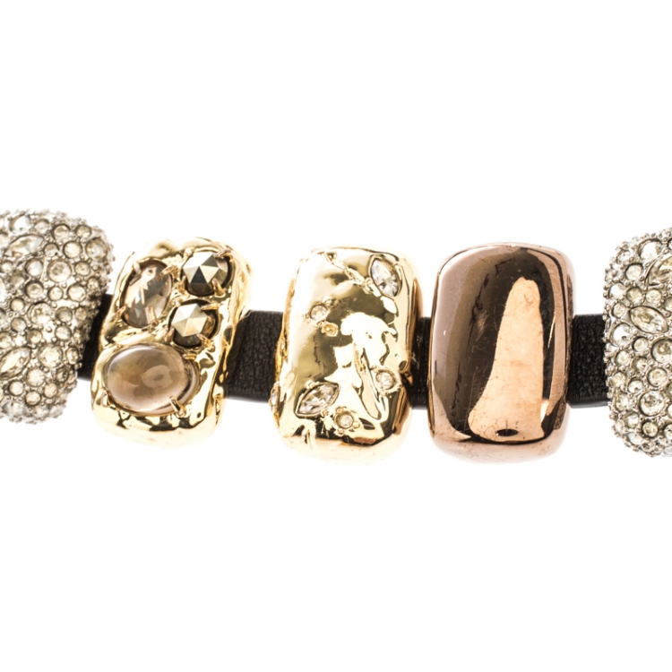 Pre Owned Alexis Bittar Crystal Embellished Three Tone Metal Black Leather Bracelet