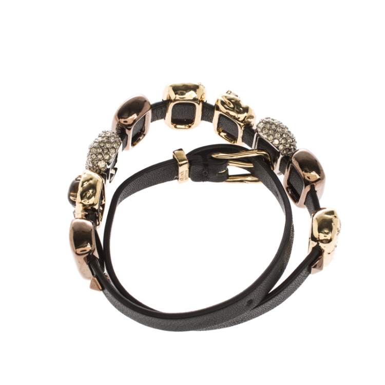 Pre Owned Alexis Bittar Crystal Embellished Three Tone Metal Black Leather Bracelet