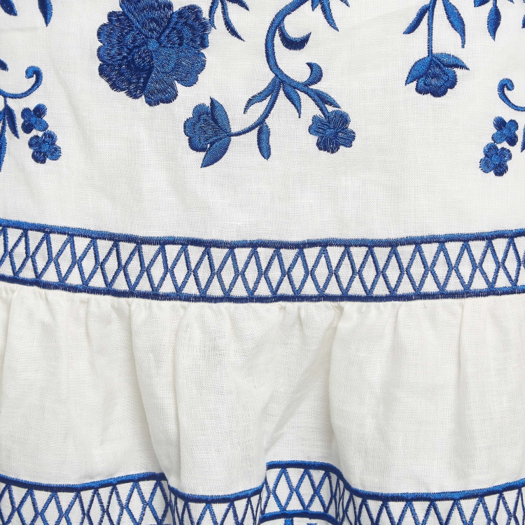 مملوكة مسبقًا Alexis White/Blue Embroidered Linen Midi Skirt S