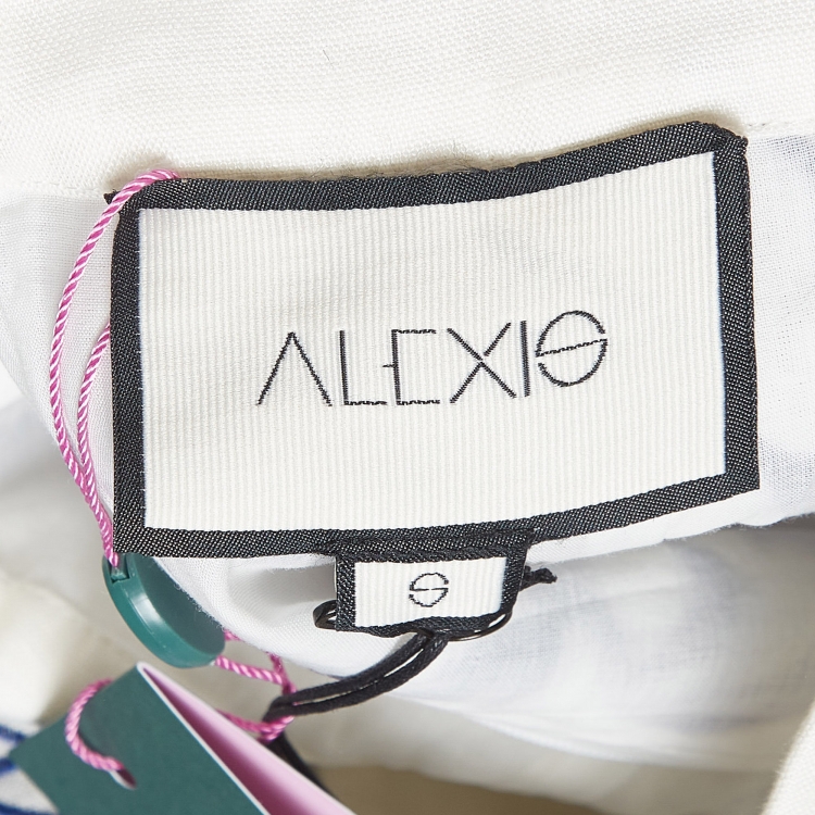 مملوكة مسبقًا Alexis White/Blue Embroidered Linen Midi Skirt S