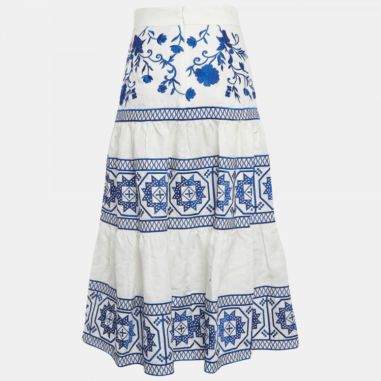 مملوكة مسبقًا Alexis White/Blue Embroidered Linen Midi Skirt S
