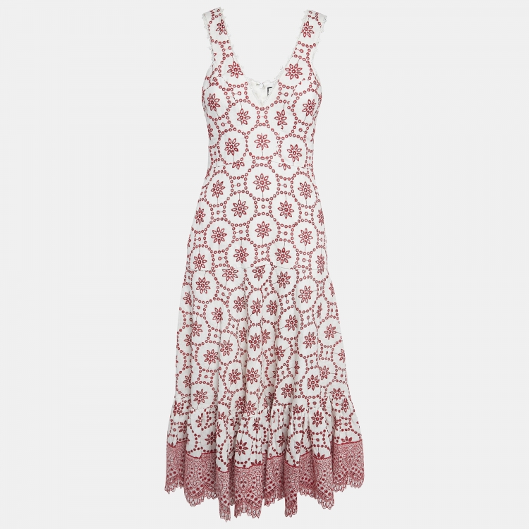 Pre Owned Alexis White/Red Eyelet Linen Midi Dress S