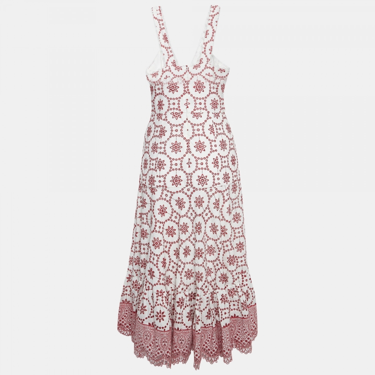 Pre Owned Alexis White/Red Eyelet Linen Midi Dress S