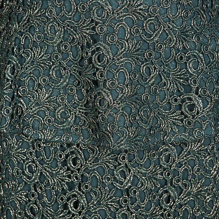 Pre Owned Alice + Olivia Green and Gold Cutwork Lace Shovan Peplum Dress M