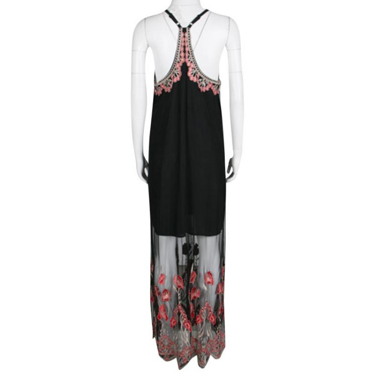 Pre Owned Alice + Olivia Black and Red Poppy Embroidered Tulle Sally Maxi Dress M